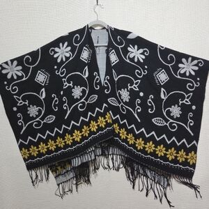 Desigual Black and White Floral Shawl with Yellow Daisy Accents And Fringe